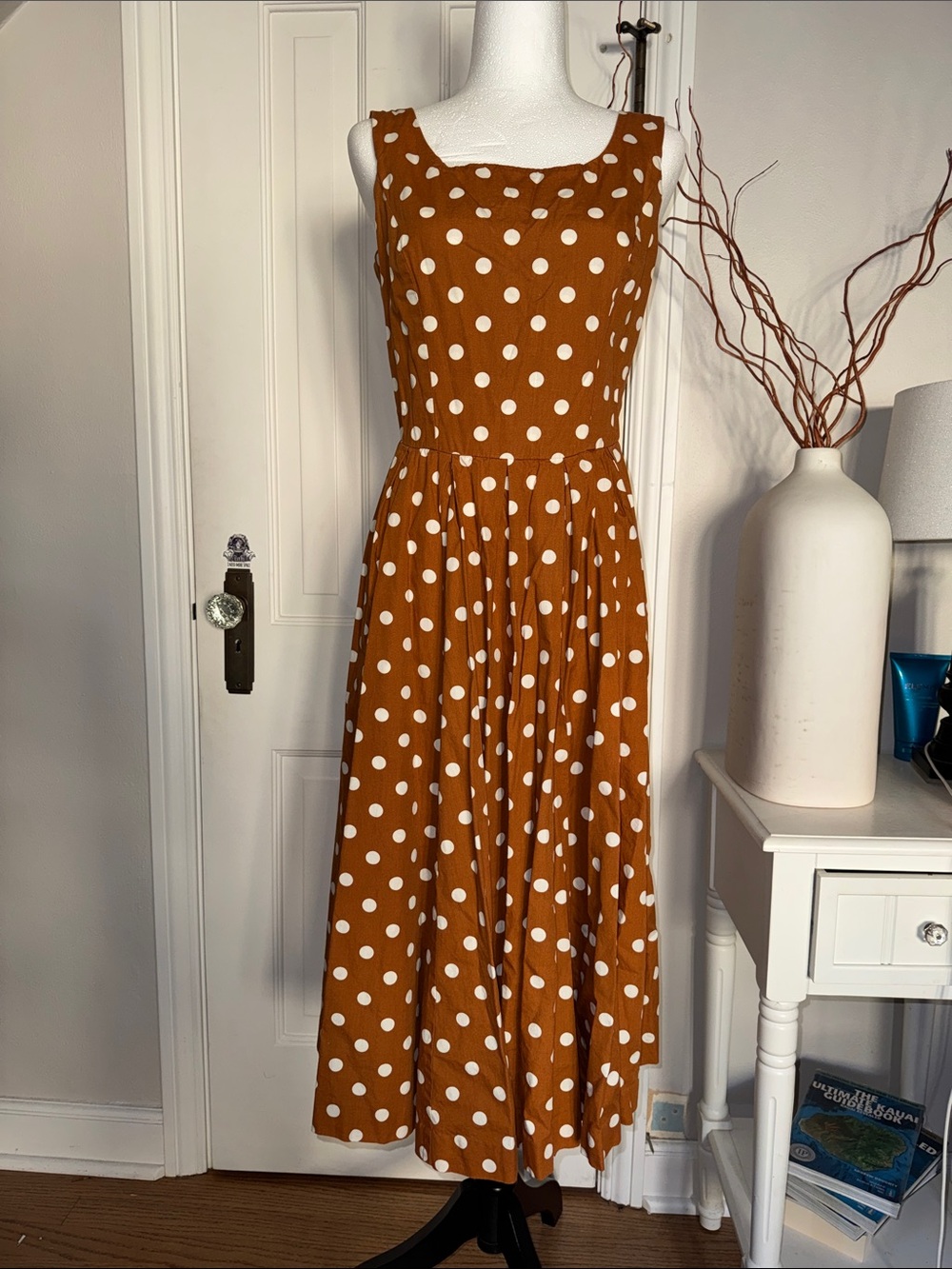 Lands' End Rust Brown Polka Dot Maxi Dress